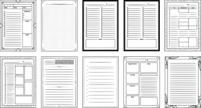 Set of printable planner pages, daily organizers, and notetaking templates with various layouts transparent background