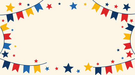 Obraz premium Patriotic party border with red blue and golden pennant flags, scattered stars, and open cream center for invitations, holiday sale flyers, banners, announcements, vector frame design