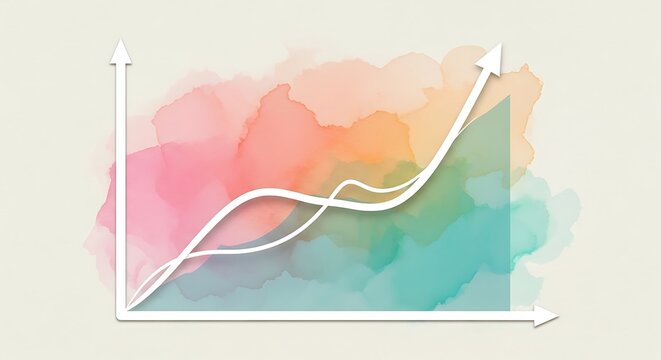 Financial graph shows upward trends against a watercolor background