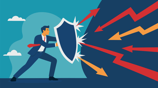 Resilient businessman holding protective shield against incoming red and orange market arrows, vector concept of risk management, financial defense, crisis strategy, leadership, and corporate security