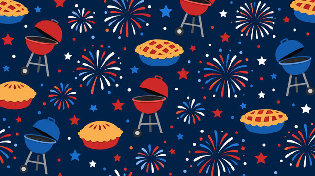 Seamless patriotic barbecue pattern with berry pies, kettle grills, fireworks, stars, and confetti on navy, festive vector repeat for summer holidays, picnic textiles, party decor, wrapping paper