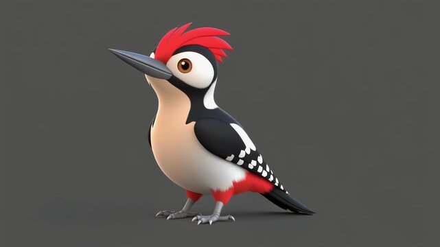 Cute cartoon woodpecker standing still against a plain gray backdrop with subtle lighting