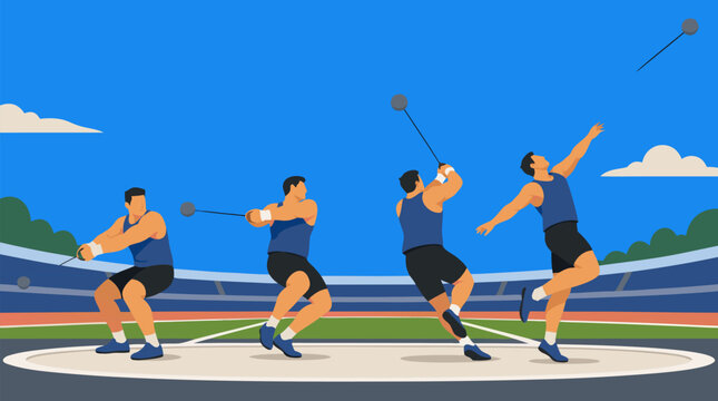 Dynamic vector illustration of a hammer throw athlete sequence in a stadium, showing powerful rotation, release technique, speed lines, blue sky, track arena, strength, motion, and competitive energy