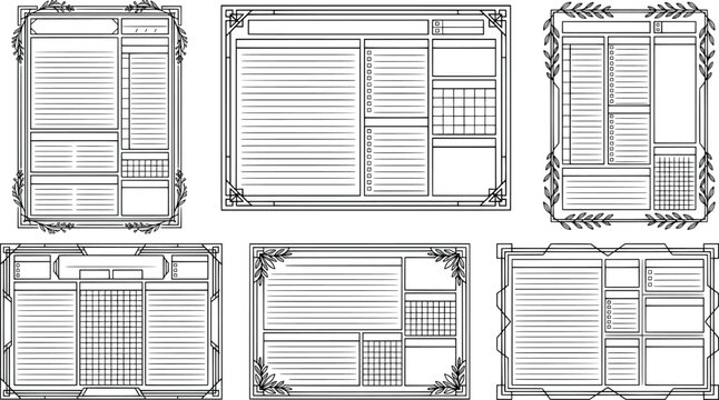 Set of hand drawn planner pages and journal templates with floral frames and grid layouts for organization and time management transparent background