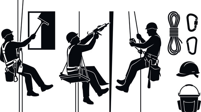 Industrial Rope Access Technicians Silhouette Vector Set Featuring High Rise Window Washers Maintenance Workers Safety Gear and Climbing Equipment IconsIndustrial Rope Access Technicians Silhouette Ve