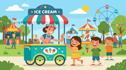 Naklejka premium Cheerful ice cream cart vendor serving colorful cones to laughing children at sunny summer fair, carnival rides and bunting behind, flat vector illustration of sweet festival fun and treats