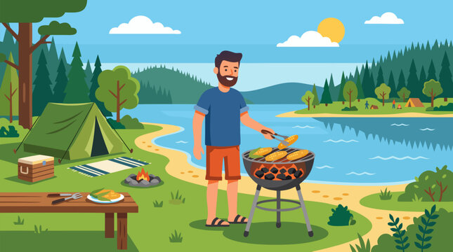 Smiling father grilling golden corn on a barbecue beside lakeside tent campsite, scenic summer forest picnic with fire pit, flat vector illustration of family camping and outdoor vacation
