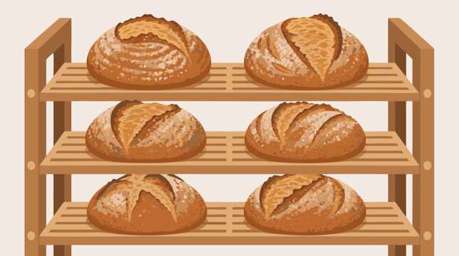 Freshly baked sourdough loaves cooling on a wooden bakery rack, golden crusts dusted with flour, artisan bread assortment for bakery menu, cozy rustic homemade food vector illustration