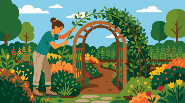 Cheerful flat vector illustration of a gardener shaping leafy saplings into a rustic arch over a blooming garden entrance, lush flowers, winding path and sunny sustainable backyard landscape