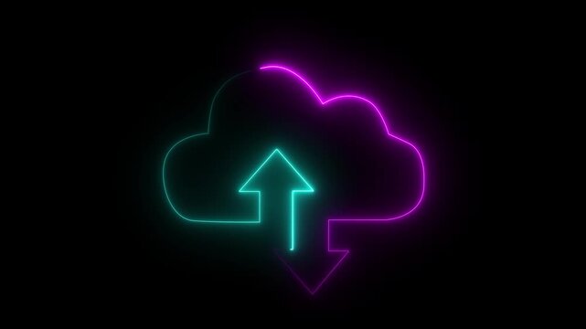 Glowing Neon Cloud Upload and Download Icon Animation, Cloud Computing and Data Transfer Concept
