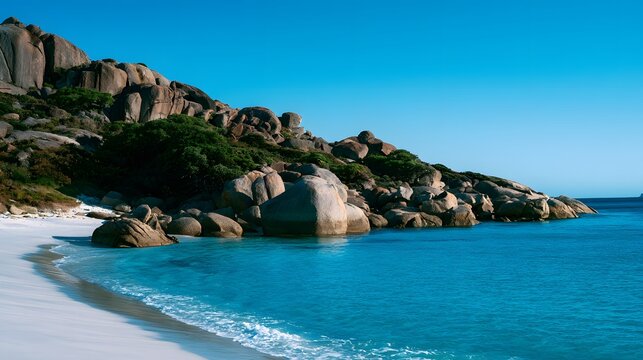 Serene tropical beachscape white sands turquoise water granite boulders azure sky peaceful coastal vista