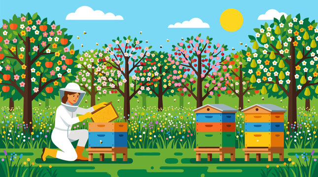 Beekeeper tending colorful wooden hives in a blooming summer orchard, buzzing bees, fruit trees, wildflowers and sunny sky, cheerful flat vector illustration of sustainable honey farming