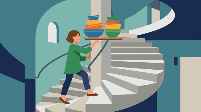 Flat vector illustration of a person carefully balancing a tray stacked with colorful nested bowls while climbing a sweeping spiral staircase, modern home interior and daily multitasking moment