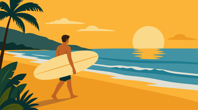 Surfer walking across warm golden sand with a longboard at tropical sunrise, palm silhouettes, calm waves and glowing ocean horizon, vibrant beach vacation vector for surf travel advertising
