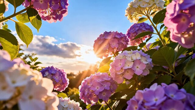 Colorful hydrangea flowers in sunlight