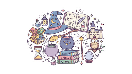 Fototapeta premium Doodle illustration set of magical wizard and fantasy items.