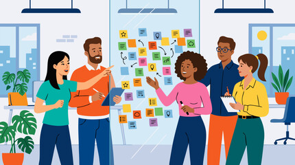 Obraz premium Diverse creative team brainstorming beside a glass wall covered in colorful sticky notes, mapping ideas, agile workflows, collaboration, innovation, and modern office strategy session