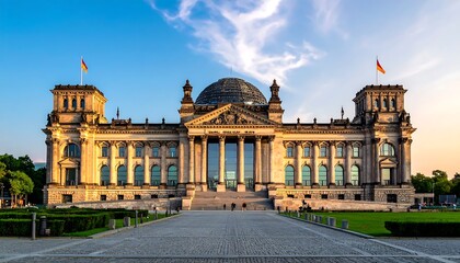 Obraz premium Historic Reichstag Building Standing at Sunset in Berlin City Center