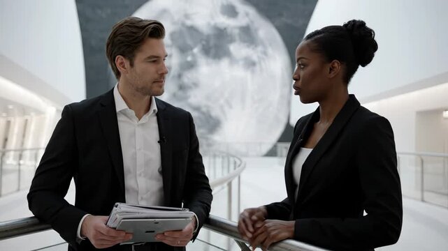 Diverse Business Professionals Discussing in Futuristic Office with Moon Mural Background