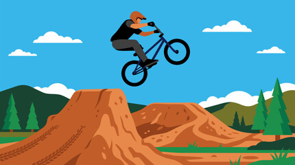 Obraz premium BMX rider soaring high above rugged dirt jumps beneath a bright blue sky, energetic vector scene of freestyle cycling, extreme sport adventure, balance, speed and outdoor stunt action