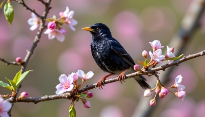Fototapeta premium A small black bird with a bright orange beak and legs is perched on a thin branch adorned with pink and white blossoms