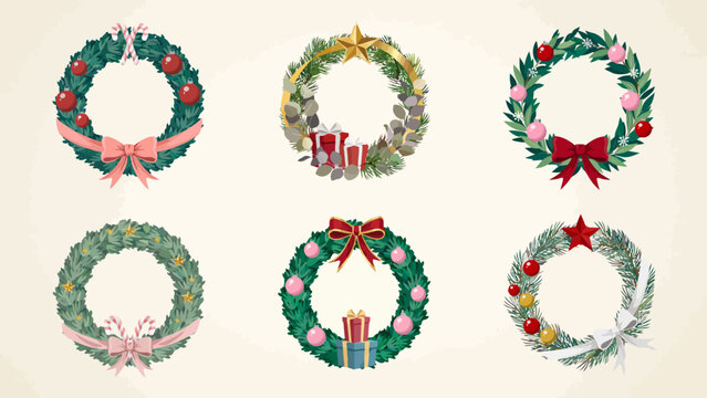 Festive christmas wreaths with ribbons and ornaments a colorful vector illustration on a neutral background wreath holiday evergreen pine