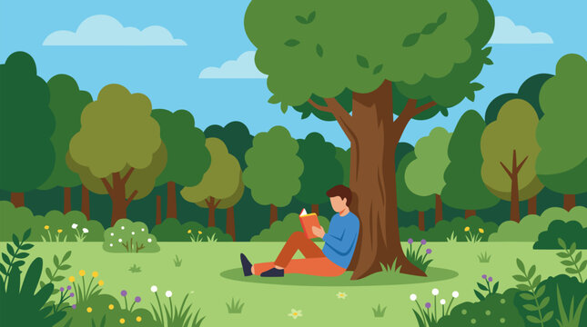 Peaceful reader resting under majestic tree in serene forest clearing, surrounded by lush greenery, wildflowers and soft blue sky, evoking solitude, calm and mindful leisure in vector art