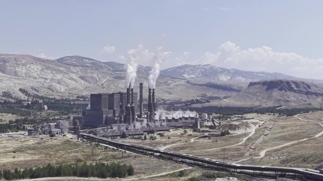 Drone Footage of Cayirhan Thermal Power Plant in Nallihan Ankara Turkey Showing Industrial Energy Infrastructure and Cooling Towers