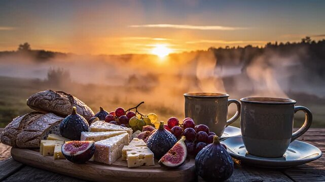 Breakfast spread with steaming coffee cups on a wooden table overlooking a foggy landscape at sunrise with fruits and bread