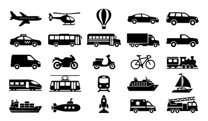 Obraz premium Untitled design - 1 Transport Vehicle Black Silhouette Icon Collection with Airplane Car Bus Train Ship Truck and Mobile Transport Vector Set