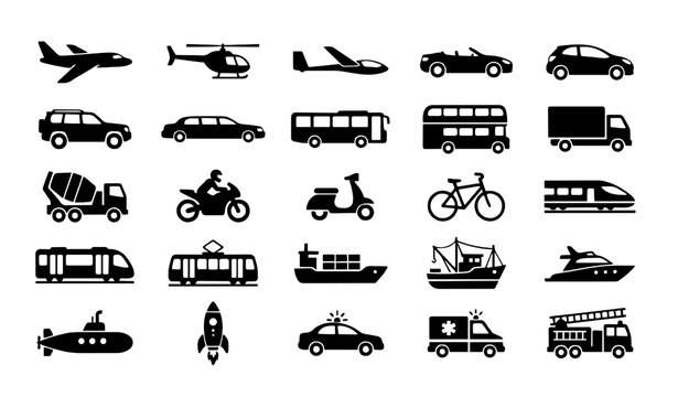 Untitled design - 3 Modern Transport Vehicle Black Silhouette Set with Airplane Car Ship Bus Train and Emergency Vehicle Icons