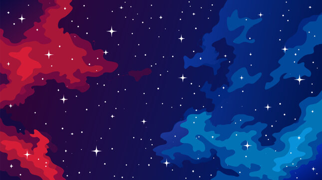 Deep space starfield vector background with shimmering white stars, midnight sky, layered red and blue nebula clouds, cosmic galaxy texture and vibrant astronomy backdrop for posters and covers