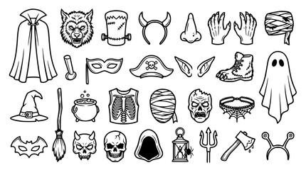 Obraz premium Collection of Halloween costume elements in a clean vector icon style