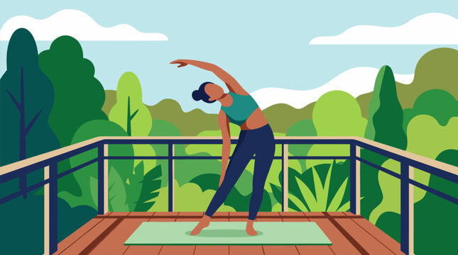 Graceful person stretching in a side bend on a balcony yoga mat overlooking lush greenery, serene flat vector scene for wellness, flexibility, mindful movement, home fitness and healthy living