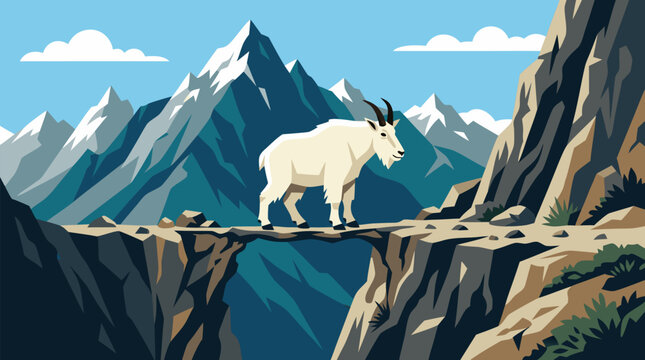 Majestic mountain goat balancing gracefully on narrow rocky alpine ledge with dramatic snow-capped peaks, wilderness adventure and resilient wildlife survival in rugged terrain