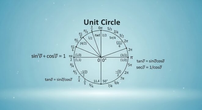 A mathematical diagram shows a unit circle with trigonometric equations on a blue background