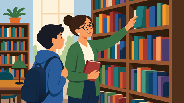 Friendly librarian assisting schoolboy finding books on towering library shelves, educational vector illustration with warm academic atmosphere and colorful literature collection