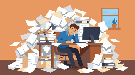 Naklejka premium Exhausted stressed businessman slumped over office desk buried under massive collapsing mountain of white paperwork documents files and folders in chaotic cluttered workplace representing burnout