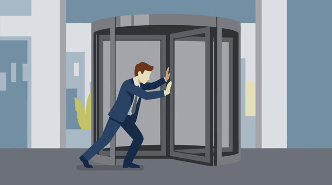 Frustrated businessman straining to push heavy stuck revolving door in endless corporate cycle, symbolic career struggle and workplace futility vector illustration with urban office architecture