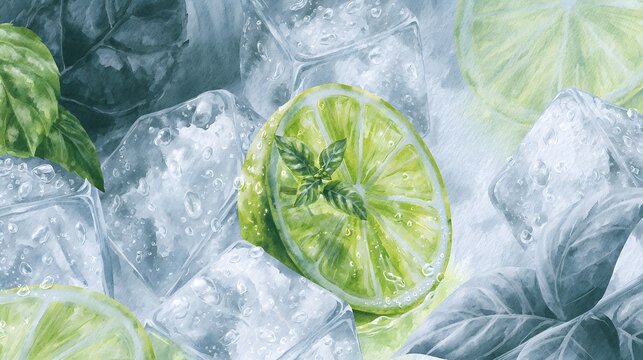 Refreshing lime slices and mint sparkle in cool ice a vibrant watercolor illustration evokes summer freshness