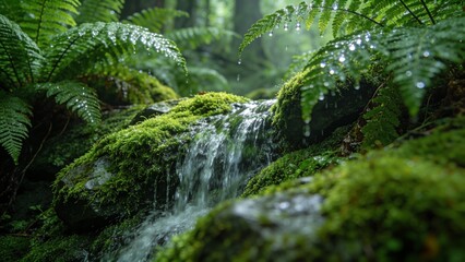 Crystal-clear water trickles over mossy rocks beneath dew-covered fern fronds in a sun-dappled ancient forest. © Anas