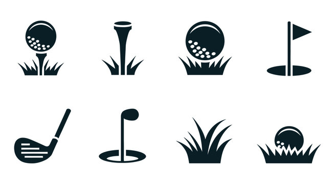 Golf course icon set, ball on tee, flag hole, club, and grass symbols for sports, golfing, recreation, and outdoor activity design.