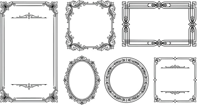 Collection of various decorative frames and borders in different shapes transparent background