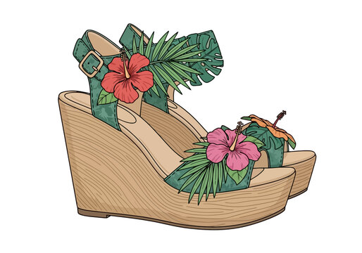 Summer wedge sandals high heel vector with tropical floral design