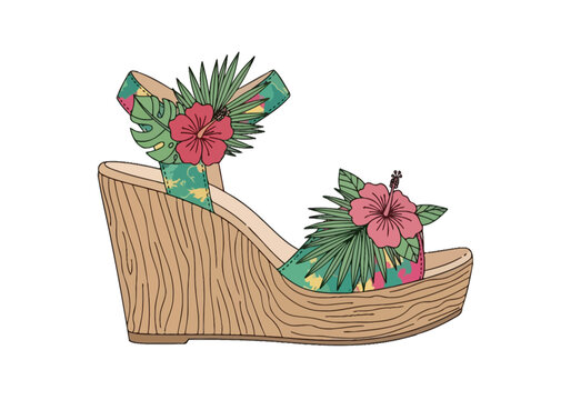 Tropical wedge sandal high heel vector with hibiscus flowers