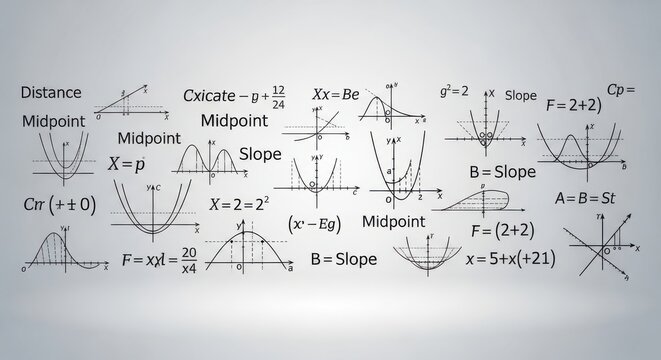 Math problems and equations on a whiteboard with various graphs and formulas.