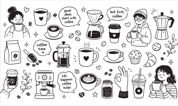 Hand drawn coffee and tea doodle icon collection featuring mugs, espresso, kettle, teapot, barista, brewing equipment, coffee beans, desserts and caf&eacute; elements in minimal black outline vector style