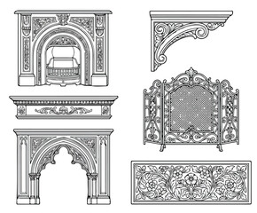 Ornate Victorian Fireplace Elements, Decorative Architectural Trim, Antique Cast Iron Grate, Gothic Archway Vector Set, Vintage Interior Design Accents © Sidra