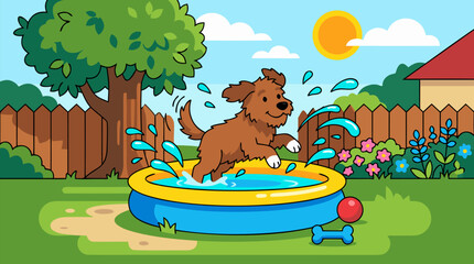 Fototapeta premium Cheerful vector puppy splashing in blue backyard kiddie pool on sunny summer afternoon, garden fence, flowers, toys and water droplets, playful cute dog illustration for pet fun outdoors