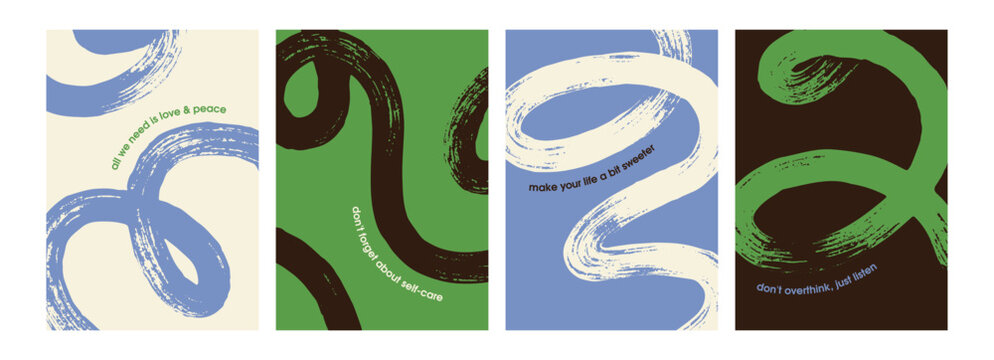 Abstract poster designs with swirled brush stroke shapes and motivational quotes. Modern style cards with phrases and curvy hand-drawn lines, brushstrokes. Creative wall art. Flat vector illustrations